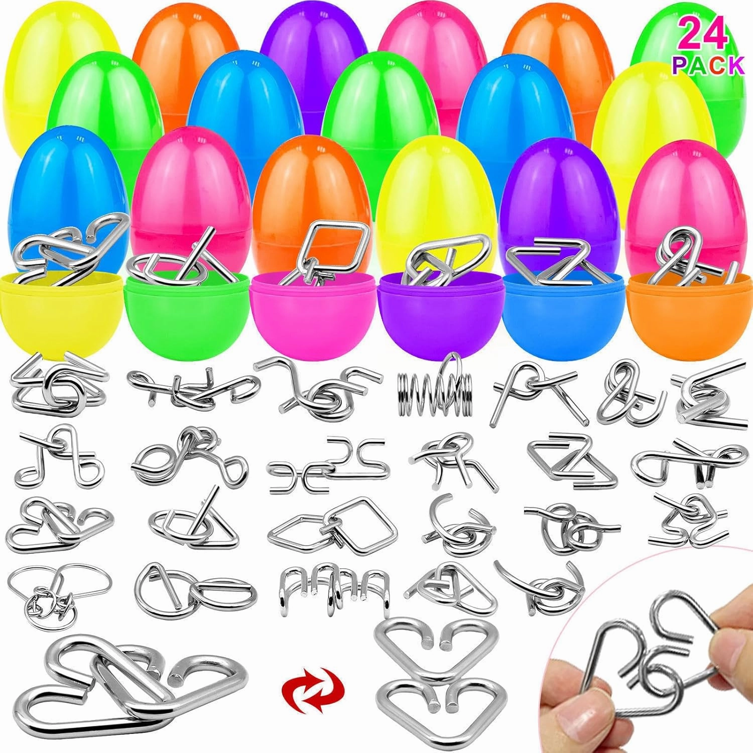 24 Pack Prefilled Easter Eggs with Metal Brain Teaser Puzzle Toys, Basket Stuffers Fillers Stress Relief Fidget Toys for Teens Adults Older Kids Easter Egg Hunt Gifts Party Favors Classroom Prize