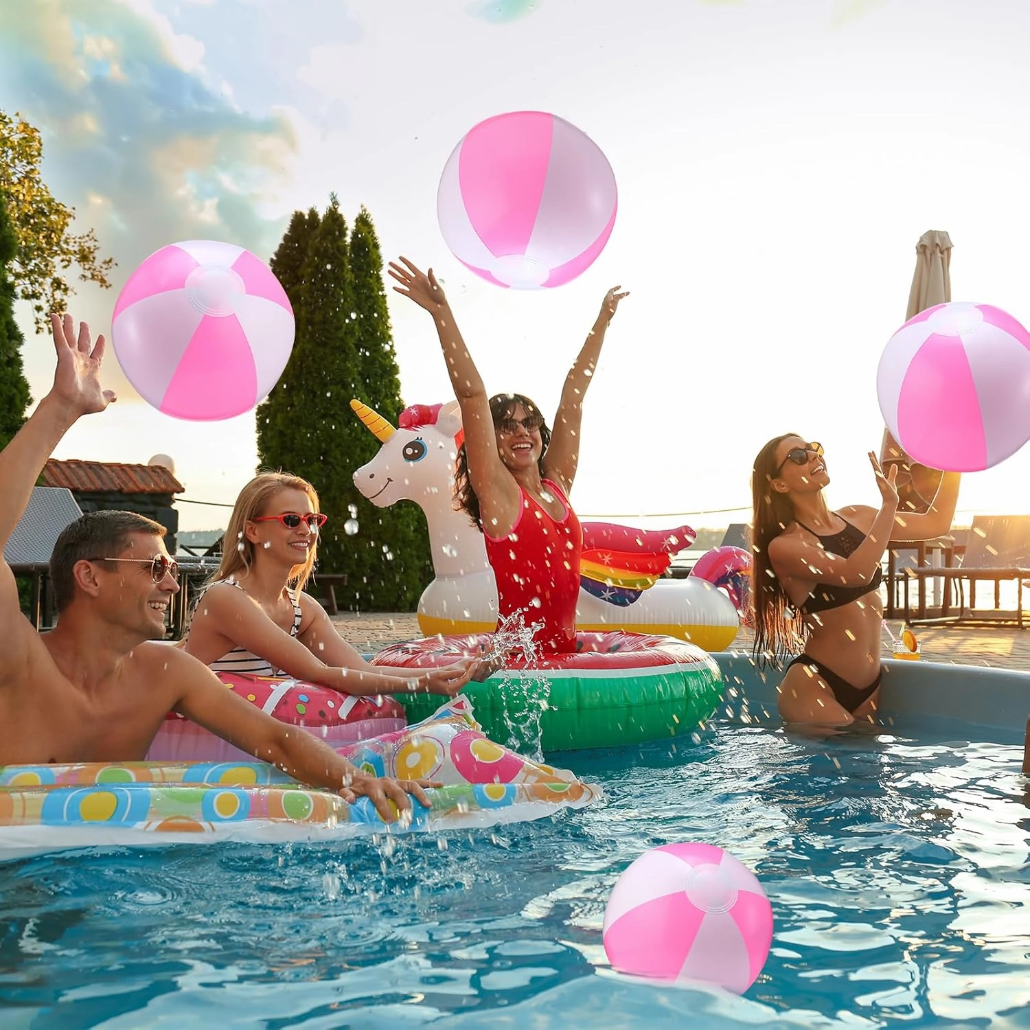 24 Pieces Pink and White Inflatable Beach Ball Round Pool PVC Balls Bulk Pool Party Favors Blow up Game Summer Toys for Swimming Hawaiian Tropical Theme Party Supplies