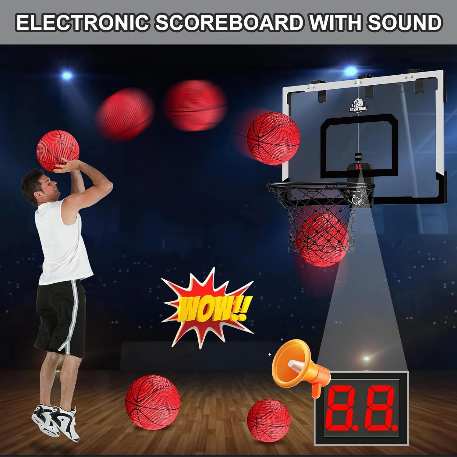24" x 16" Large Basketball Hoop Indoor for Adults, Over The Door Basketball Hoop with Sturdy Backboard/Electronic Scoreboard, Basketball Toys Gifts Ideas for Man Kids Teens Boys Girls, Black
