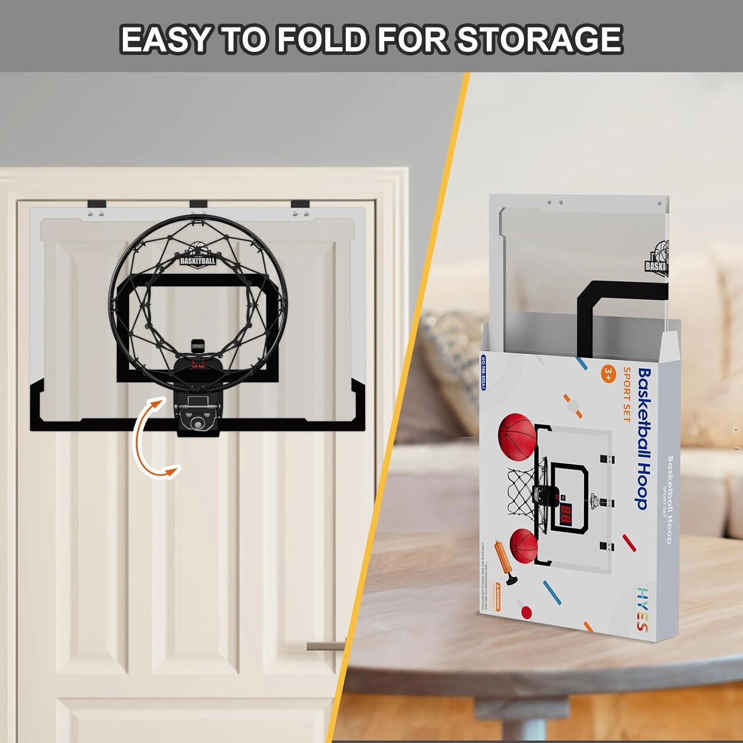 24" x 16" Large Basketball Hoop Indoor for Adults, Over The Door Basketball Hoop with Sturdy Backboard/Electronic Scoreboard, Basketball Toys Gifts Ideas for Man Kids Teens Boys Girls, Black