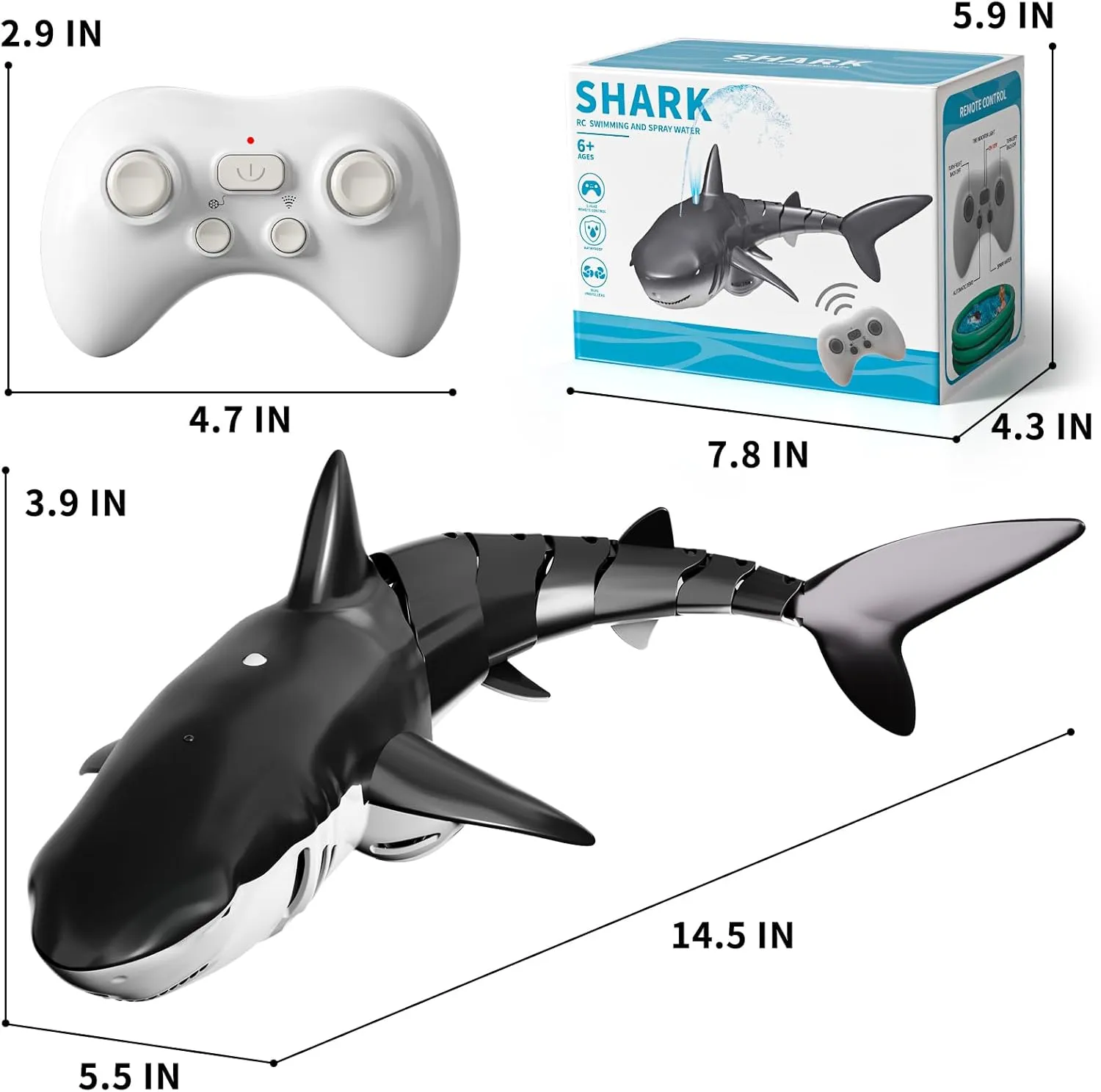 2.4GHz Remote Control Shark Toy for Pool, 1:18 Scale High Simulation RC Shark with Light & Spray Water, Electric Remote Controlled Swimming Water Toy Boat for 4 5 6 7 Year olds Kid Boys Girls