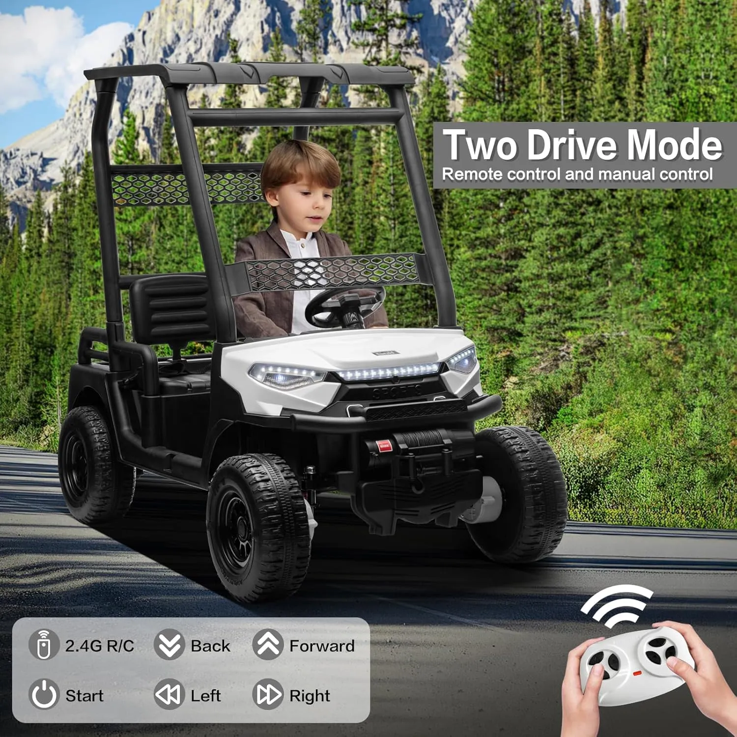 24V 2 Seater Kids Ride on Car, 4WD Golf Cart with Parent Remote Control, 4x4 Motors Ride on Truck with Roof, Toddler Electric Vehicle with Storage Box, Foot Pedal, Music Player, Lights, Horn, White
