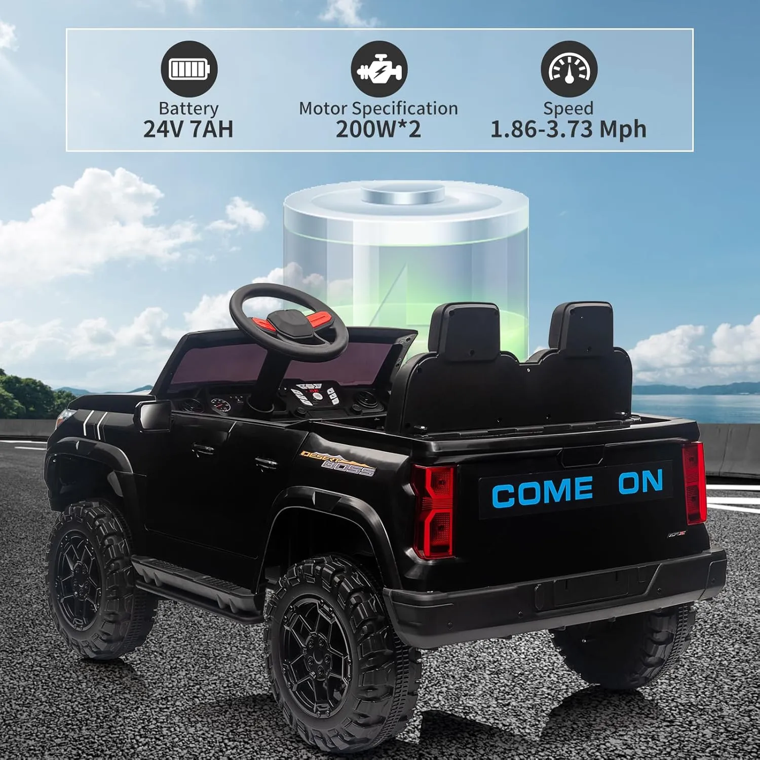 24V 2 Seater Kids Ride On Truck Car Toddlers Electric Car Toy Battery Powered Ride On Toy with Remote Control, Handle, Battery Display, Back Storage, Soft Start, Led Lights, Mp3 Player, Black
