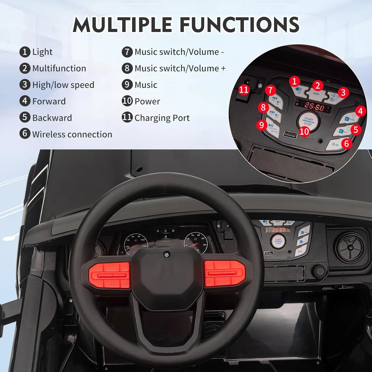 24V 2 Seater Kids Ride On Truck Car Toddlers Electric Car Toy Battery Powered Ride On Toy with Remote Control, Handle, Battery Display, Back Storage, Soft Start, Led Lights, Mp3 Player, Black