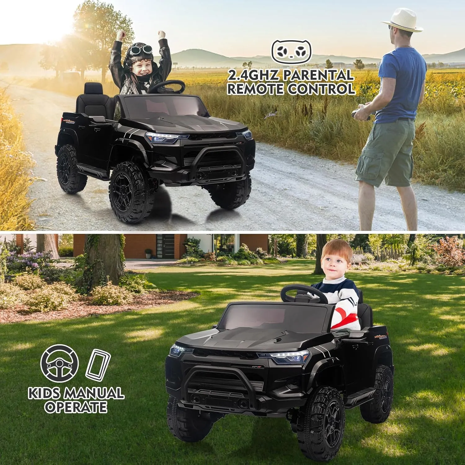 24V 2 Seater Kids Ride On Truck Car Toddlers Electric Car Toy Battery Powered Ride On Toy with Remote Control, Handle, Battery Display, Back Storage, Soft Start, Led Lights, Mp3 Player, Black