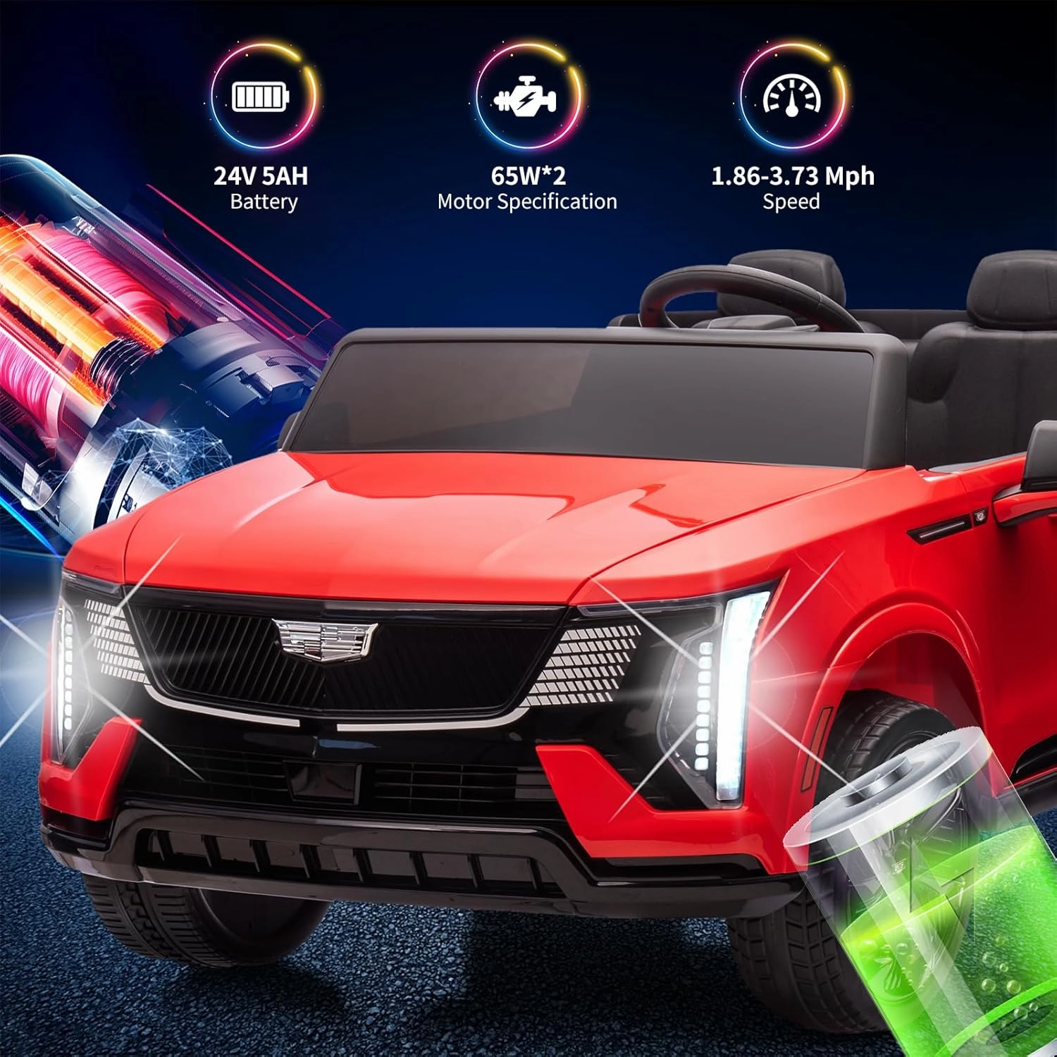 24V 2 Seater Kids Ride On Car Licensed Cadillac Electric Car Toy for Toddlers Battery Powered Ride On Truck with 2.4G Remote Control, Spring Suspension, Music, LED Lights, Red
