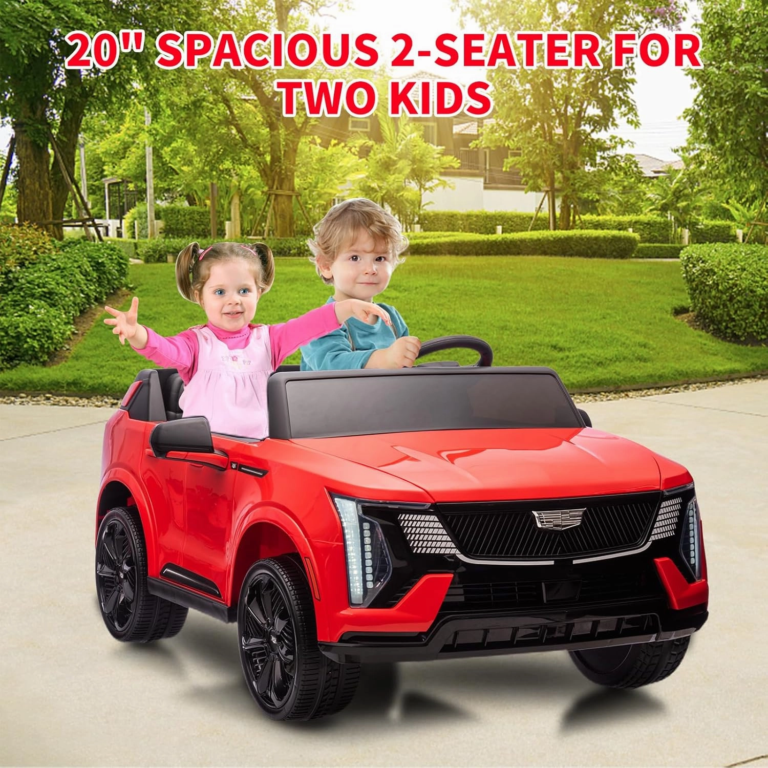 24V 2 Seater Kids Ride On Car Licensed Cadillac Electric Car Toy for Toddlers Battery Powered Ride On Truck with 2.4G Remote Control, Spring Suspension, Music, LED Lights, Red