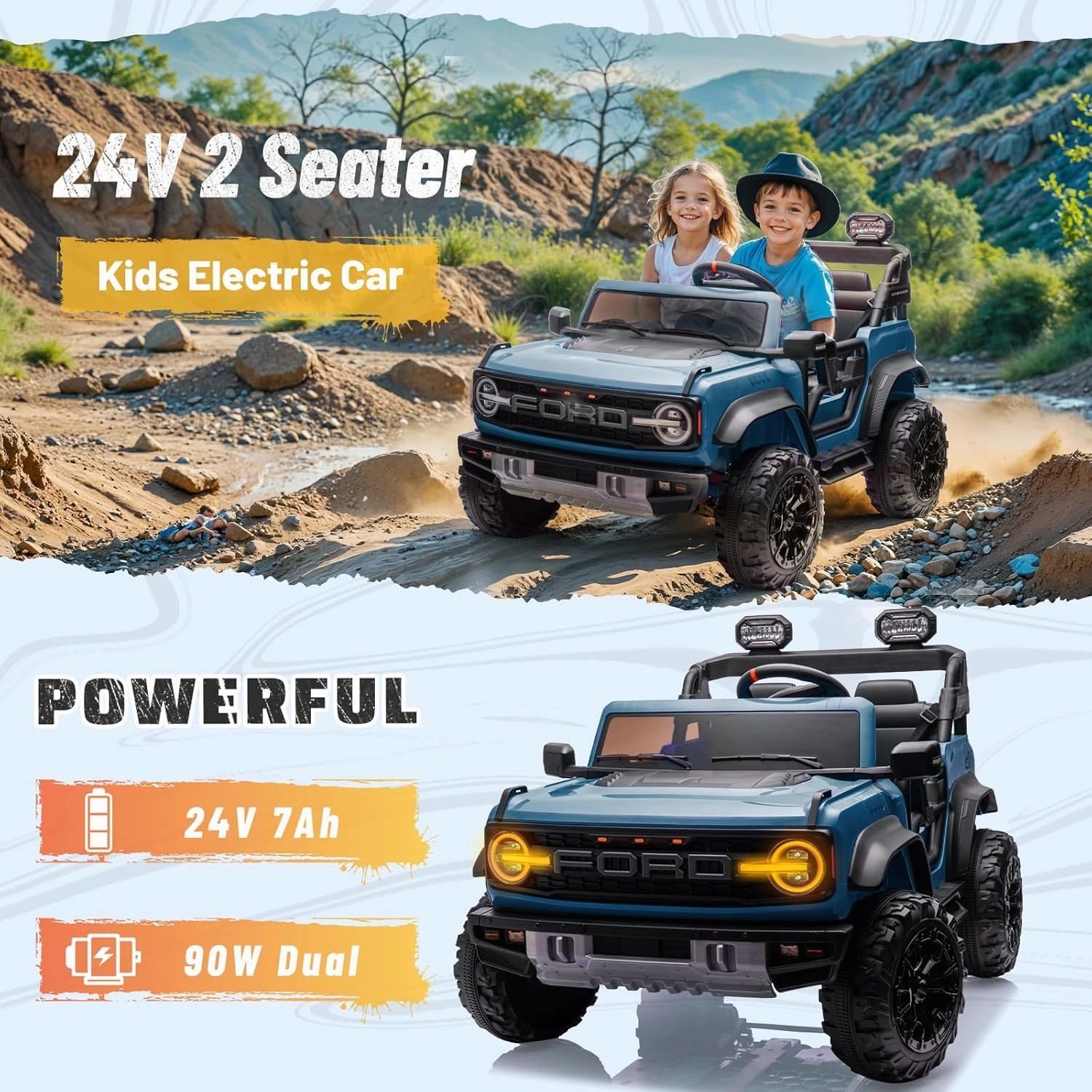 24V Ride on Toy for Big Kids,Ford Bronco Raptor 2 Seater Kids Electric Vehicle Car with Remote,Battery Powered Car 4 Wheels with Spring Suspension,LED Light,Bluetooth,3 Speeds (24V, Blue)