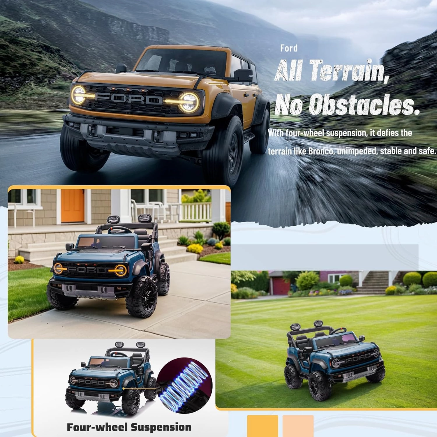 24V Ride on Toy for Big Kids,Ford Bronco Raptor 2 Seater Kids Electric Vehicle Car with Remote,Battery Powered Car 4 Wheels with Spring Suspension,LED Light,Bluetooth,3 Speeds (24V, Blue)