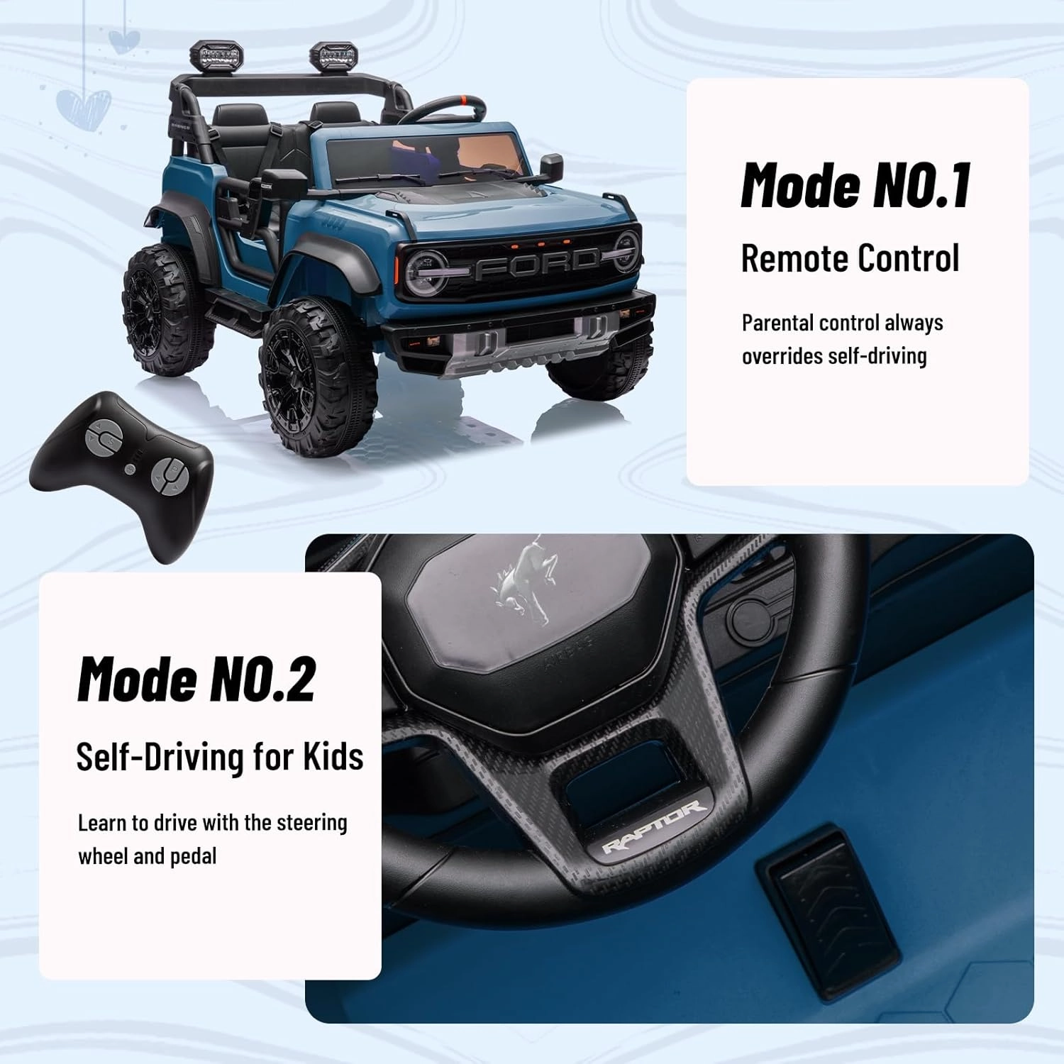24V Ride on Toy for Big Kids,Ford Bronco Raptor 2 Seater Kids Electric Vehicle Car with Remote,Battery Powered Car 4 Wheels with Spring Suspension,LED Light,Bluetooth,3 Speeds (24V, Blue)