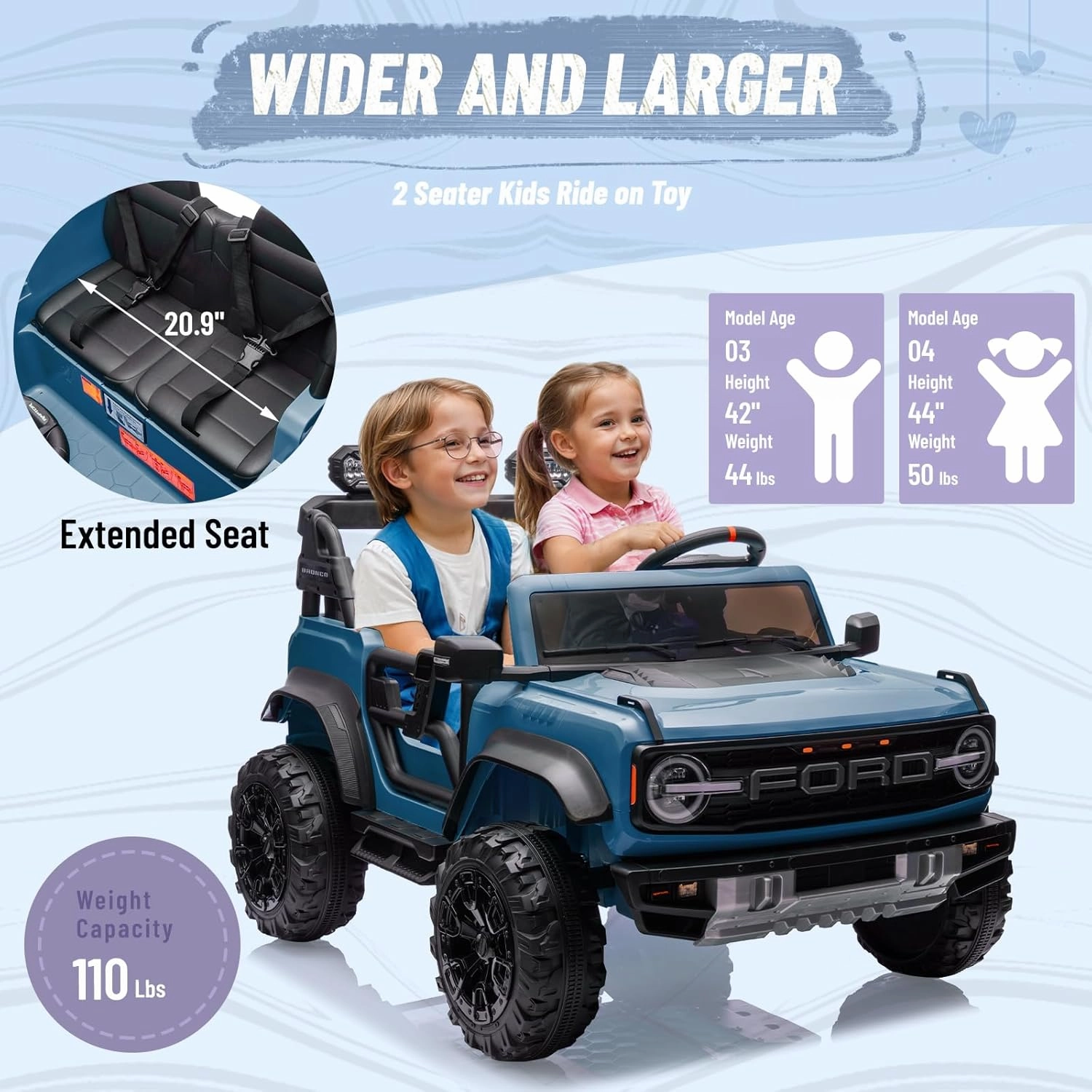 24V Ride on Toy for Big Kids,Ford Bronco Raptor 2 Seater Kids Electric Vehicle Car with Remote,Battery Powered Car 4 Wheels with Spring Suspension,LED Light,Bluetooth,3 Speeds (24V, Blue)