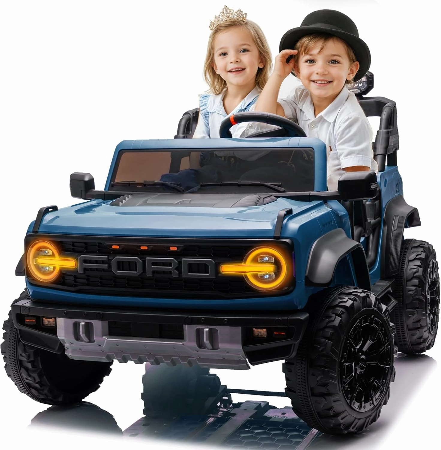 24V Ride on Toy for Big Kids,Ford Bronco Raptor 2 Seater Kids Electric Vehicle Car with Remote,Battery Powered Car 4 Wheels with Spring Suspension,LED Light,Bluetooth,3 Speeds (24V, Blue)