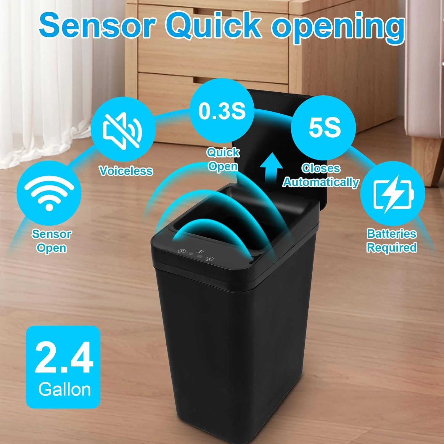 2 Pack Bathroom Trash can,Smart Touchless Trash Can,Automatic Motion Sensor Trash Bin with Lid,2.4 Gallon Garbage Can, Kitchen, Bathroom, Office, Bedroom Trash can (Black White)