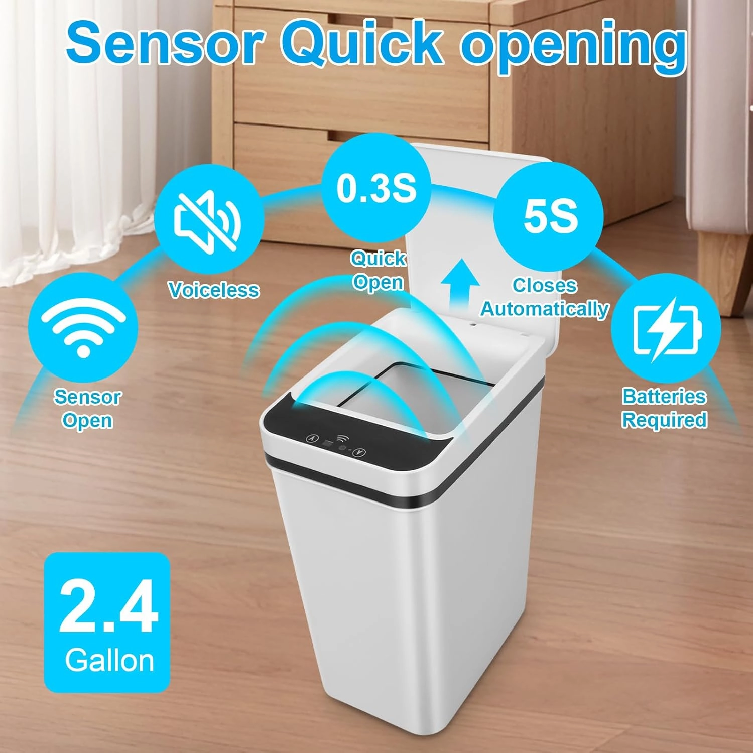 2 Pack Bathroom Trash can,Smart Touchless Trash Can,Automatic Motion Sensor Trash Bin with Lid,2.4 Gallon Garbage Can, Kitchen, Bathroom, Office, Bedroom Trash can (White White)