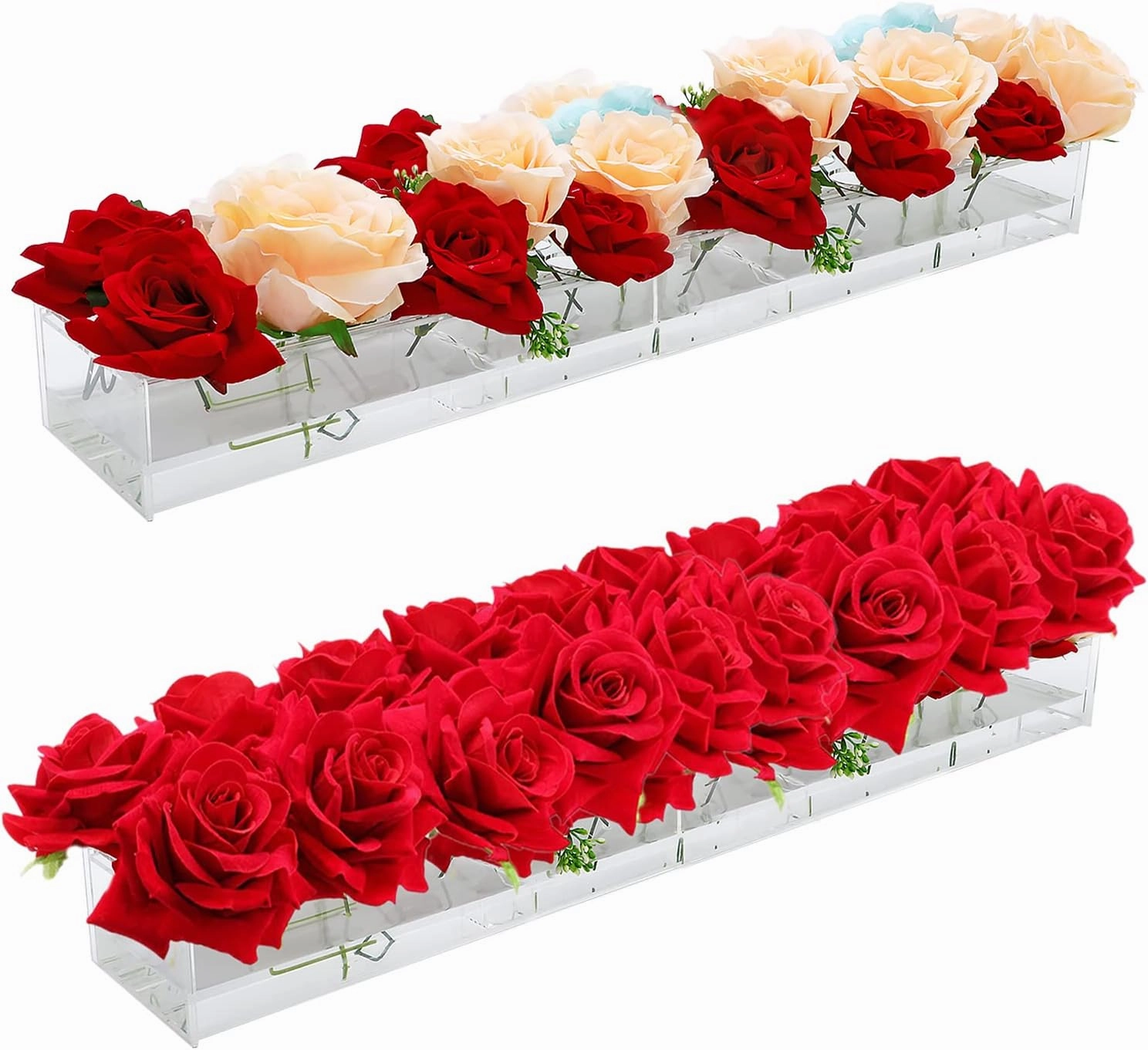 2 Pack Clear Acrylic Vase for Flowers, 17 Inch Long Rectangular Vase with 18 Holes, Low Floral Modern Vases for Centerpieces for Wedding Table and Dinning Room