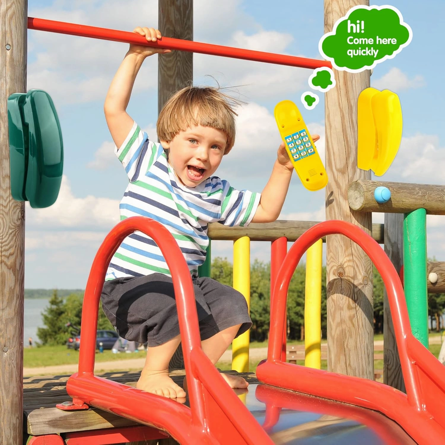 2 Pack Swingset Phone Toys Playground Swing Set Telephone Plastic Pretend Play Telephone with Numeric Key for Kids Outdoor Playground Treehouse Accessories (Yellow, Green)