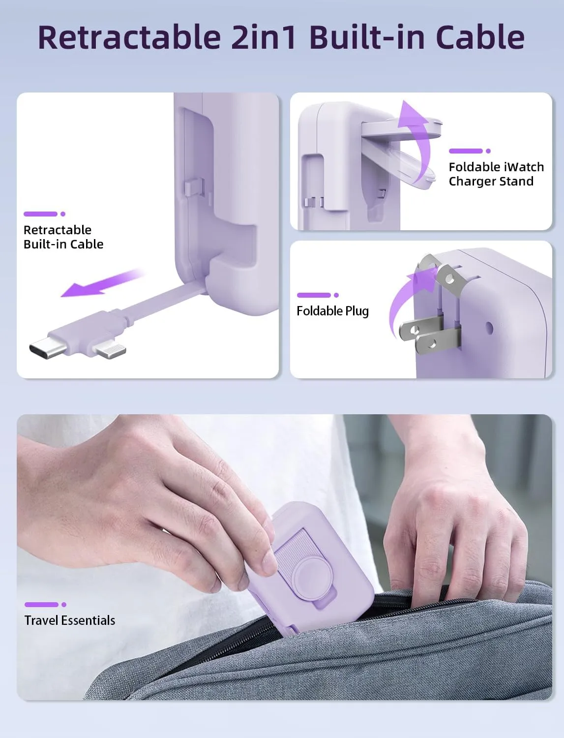 2in1 iWatch Charger, 36W Retractable Charger for iPhone iWatch,Travel Wall Charging Block Compatible with iPhone 16/15/14/13/12/11 iWatch (Purple)