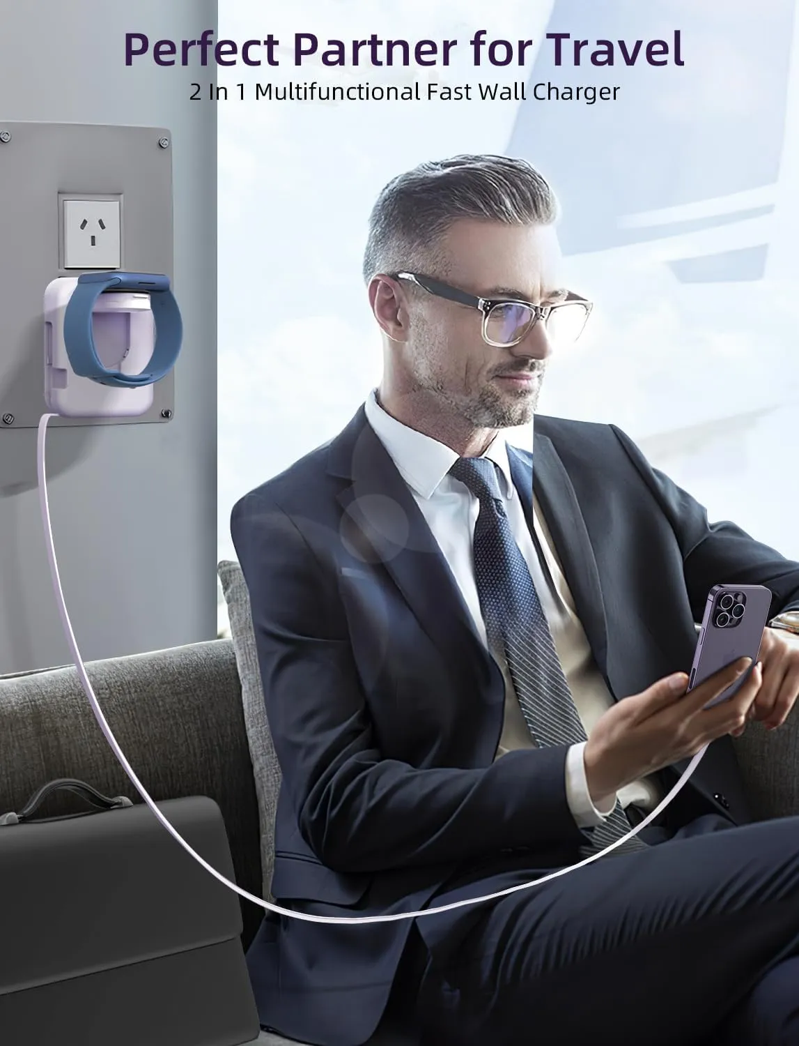 2in1 iWatch Charger, 36W Retractable Charger for iPhone iWatch,Travel Wall Charging Block Compatible with iPhone 16/15/14/13/12/11 iWatch (Purple)