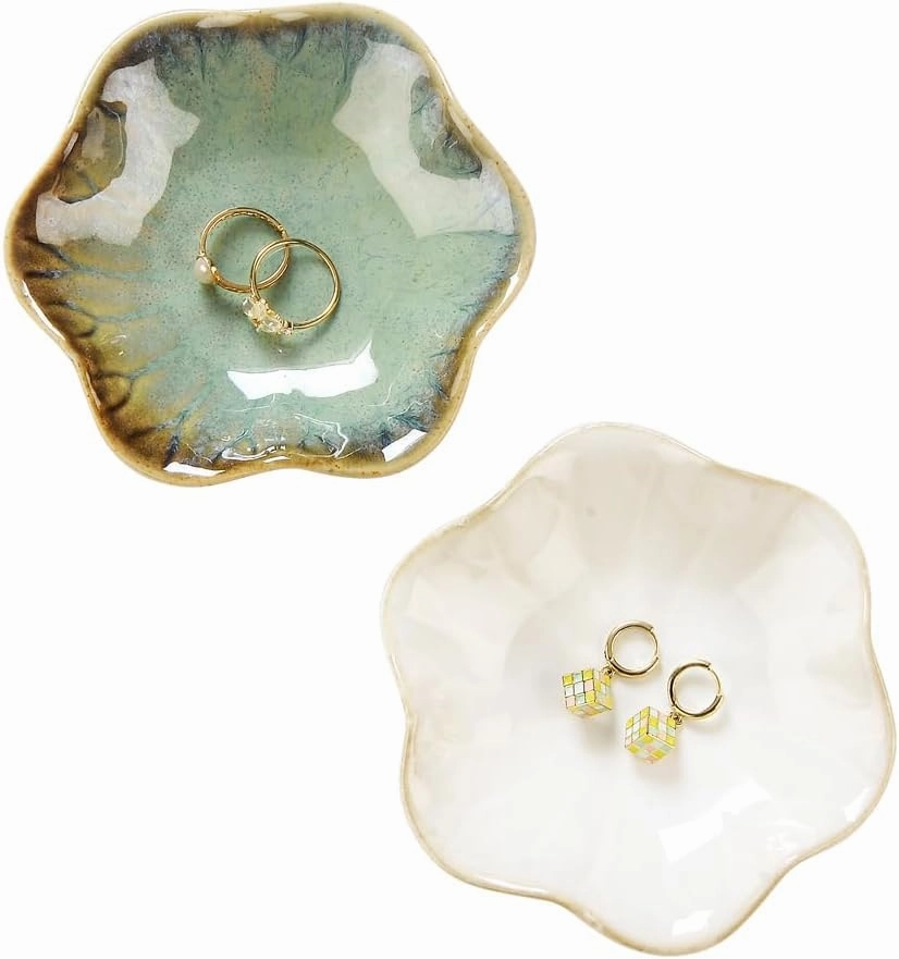 2PCS Lotus Leaf Shape Ring Holder Dish, Small Key Bowl, Ceramic Trinket Tray Jewelry Dish Organizing Necklace Earrings for Mom Friend Sister, All Jewelries Are NOT Included.White Crystal Green.