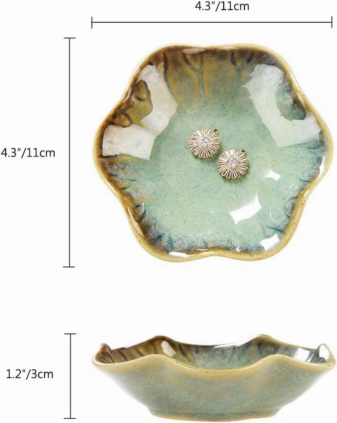 2PCS Lotus Leaf Shape Ring Holder Dish, Small Key Bowl, Ceramic Trinket Tray Jewelry Dish Organizing Necklace Earrings for Mom Friend Sister, All Jewelries Are NOT Included.White Crystal Green.