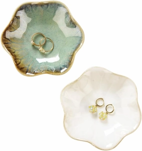2PCS Lotus Leaf Shape Ring Holder Dish, Small Key Bowl, Ceramic Trinket Tray Jewelry Dish Organizing Necklace Earrings for Mom Friend Sister, All Jewelries Are NOT Included.White Crystal Green.