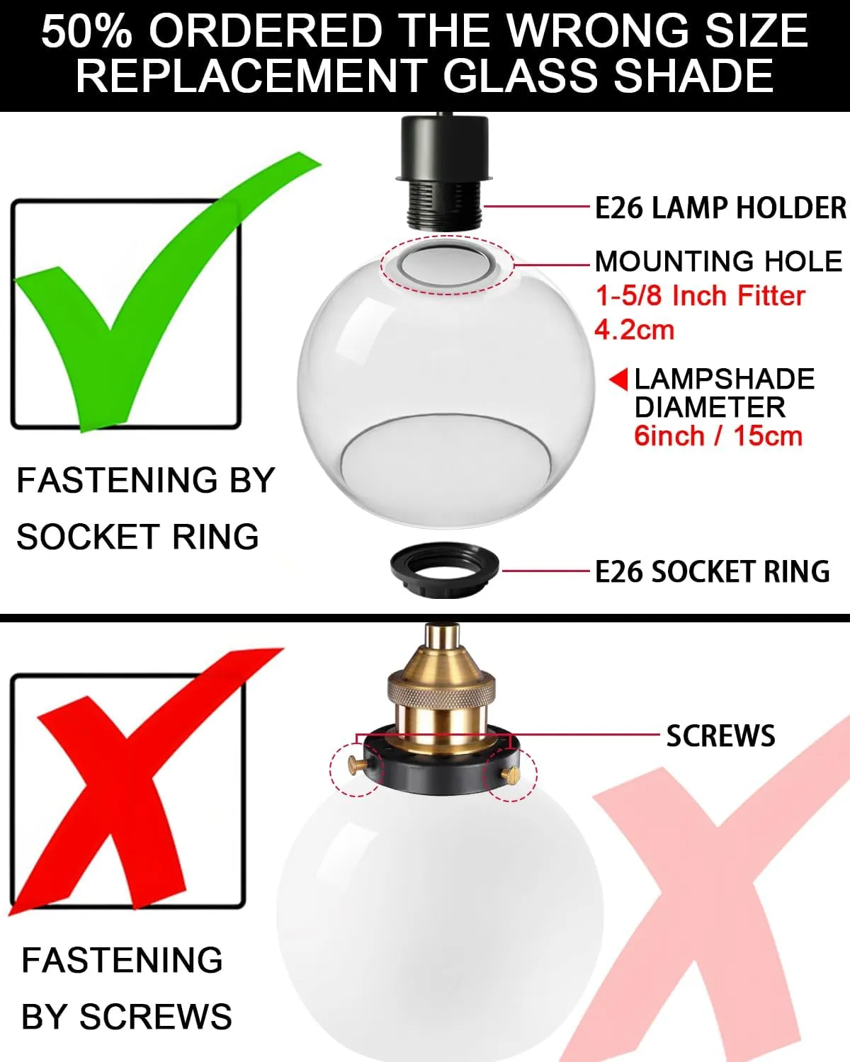 3 Pack Fixture Replacement Globe Shade, 6 Inch Diameter, E26 Base 1-5/8 Inch Fitter, Glass Globe Lampshade Cover for Pendant Wall Sconce Chandelier Vanity Light (3 Pack 6 Inch White Frosted Glass)