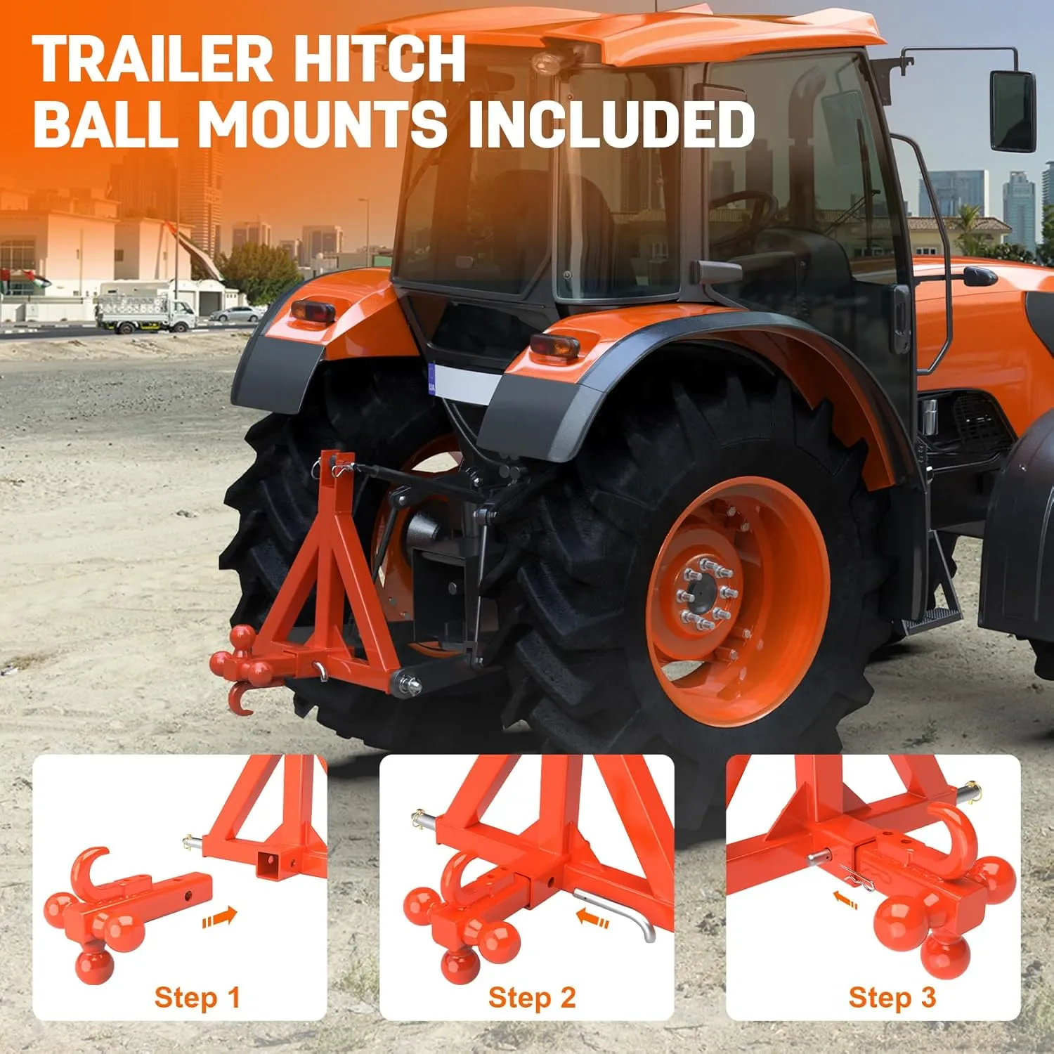 3 Point Hitch 2" Receiver with Towing Ball Hitch and Hook Heavy Duty Tractor Drawbar for Category 1 Tractor, Compatible with BX, Kubota, John Deere, NorTrac, Kioti, Yanmar