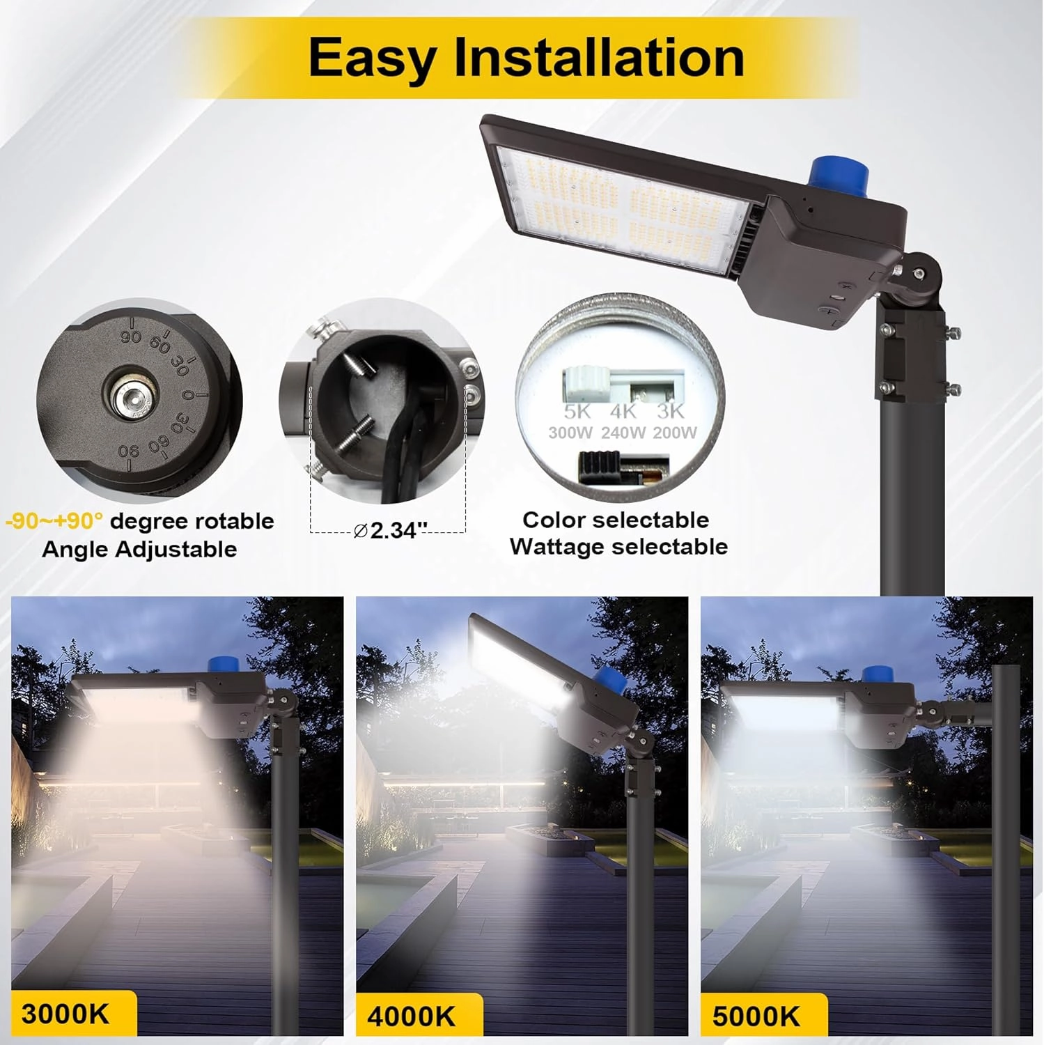 300W/240W/200W Parking Lot LED Area Light 43500LM Commercial Outdoor Lighting 3000/4000/5000K Adjustable Slip Fitter Mount Industrial LED Shoebox Light DTD for Roadways Stadium Sports Field Barn