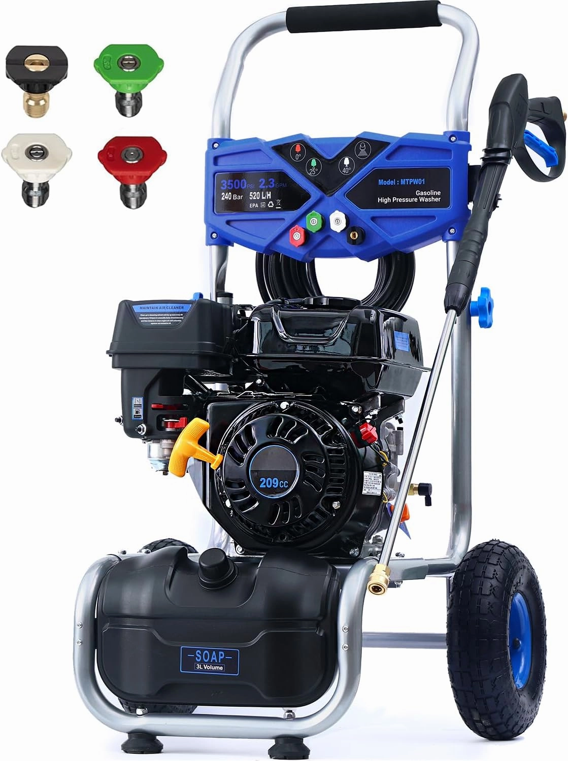 3500 PSI Gas Pressure Washer, 2.3 GPM Gas Power Washer with 209CC Engine, 25FT Hose, 4 Quick-Connect Nozzles, High Pressure Washer for Cleaning Walls, Vehicles, Gardens, Driveways, Concrete
