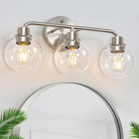 3 Light Bathroom Vanity Light Fixtures, Brushed Nickel Vanity Lights with Clear Globe Glass Shades, Modern Bathroom Lights Wall Sconce Wall Lamp for Mirror Living Room Kitchen Bedroom Hallway