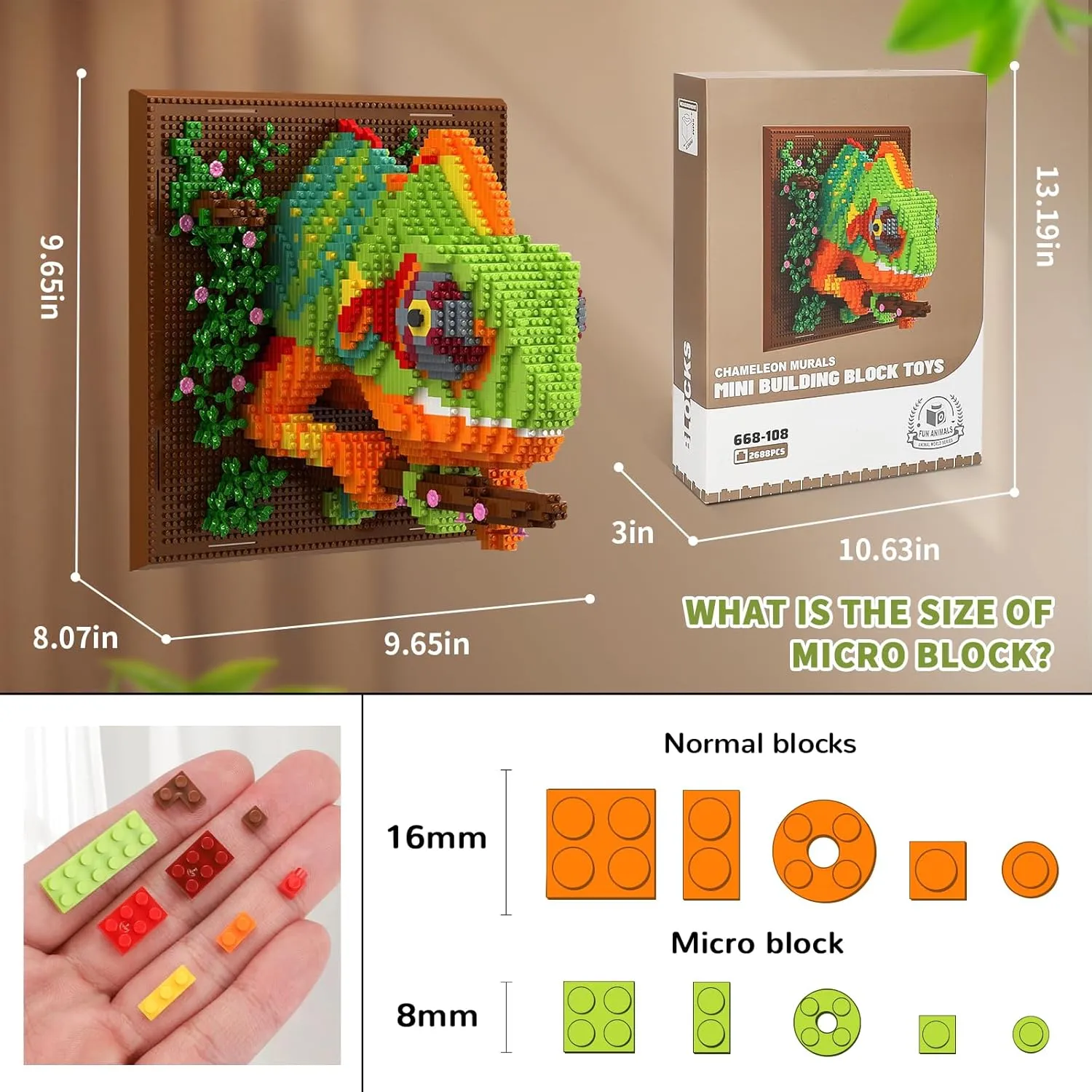 3D Wall Art Chameleon Animal Micro Mini Building Blocks Set for Adults, Unique Home Wall Decor or Table Display, Creative Birthday Gift Toy for Kids Teens (2688 PCS)