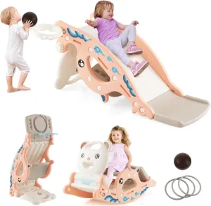 4 in 1 Toddler Slide Rocking Toy, Convertible Freestanding Slide with Basketball Hoop, Ring Toss Game, Rocking Horse, Foldable Climber Slide for Indoor Outdoor Play, Gift for Kids (Pink)