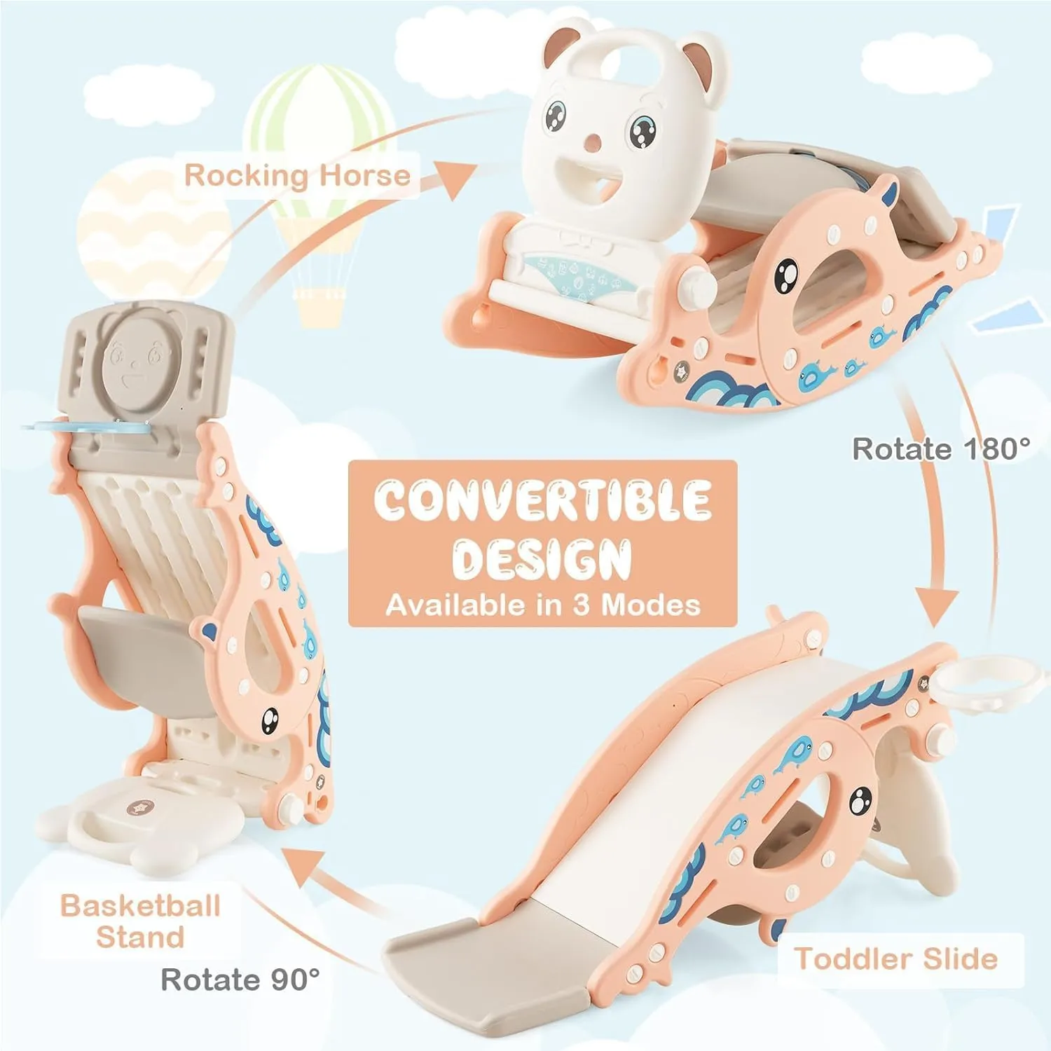 4 in 1 Toddler Slide Rocking Toy, Convertible Freestanding Slide with Basketball Hoop, Ring Toss Game, Rocking Horse, Foldable Climber Slide for Indoor Outdoor Play, Gift for Kids (Pink)