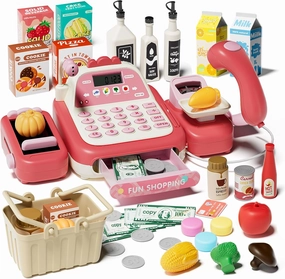 49PCS Pretend Play Cash Register Toy Set for Kids with Real Calculator,Scanner,Microphone,Conveyor Belt,Weighing Tool,Cashier Playset Realistic Gift for Toddler Kid Ages 3 4 5 6 7 8（Pink）