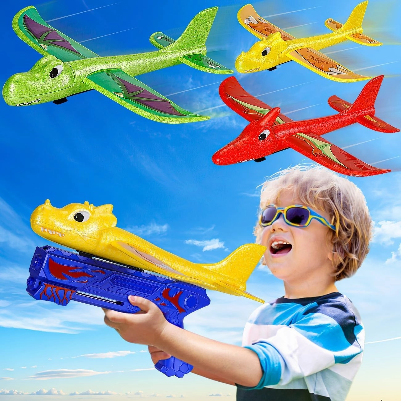 4 5 6 7 8 Year Old Boys Girls Birthday Gift, 3 Pack Dinosaur Foam Airplanes for Kids 4-12, Outdoor Flying Toy for Kids Ages 4-8, B-Day Party Supplies, YYD-010
