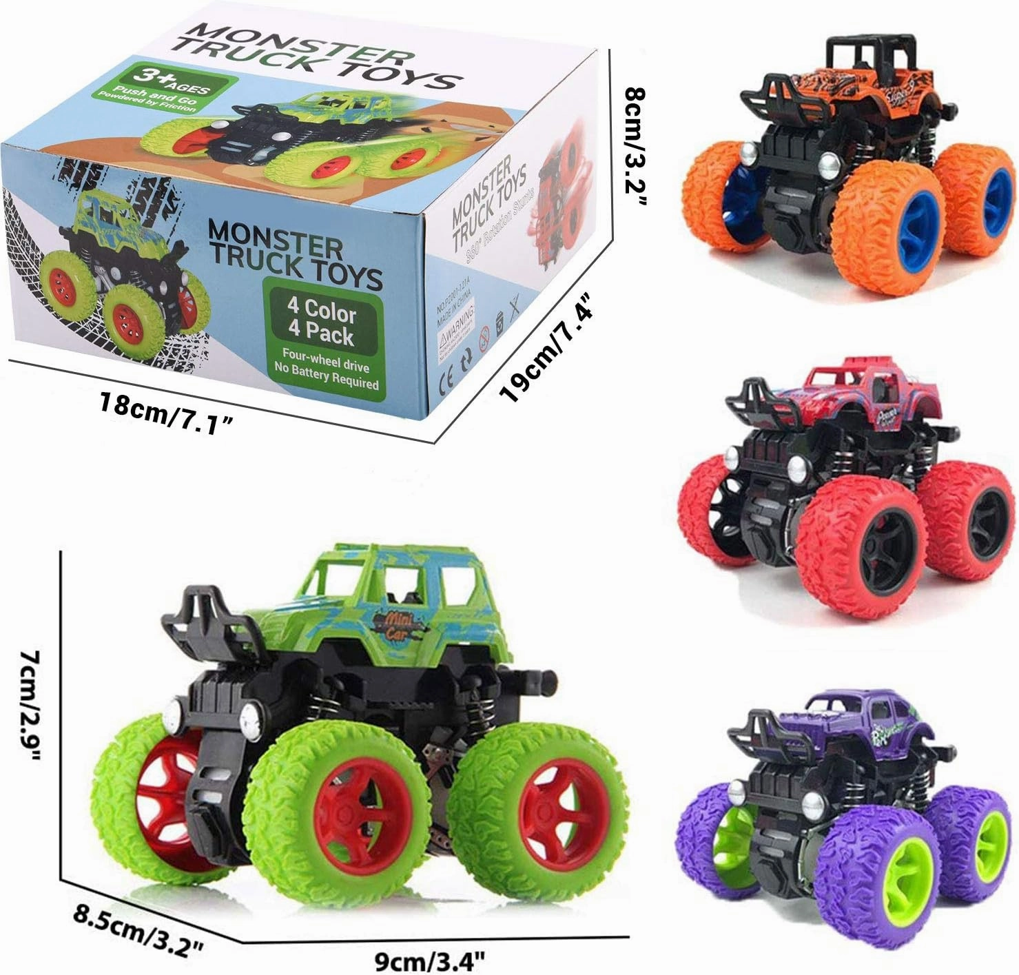 4 Pack Monster Truck Toys - Friction Powered Push and Go Toy Cars, Inertia Car Toy Set Stunt Toy Vehicles, Birthday Party Supplies for Boys and Girls