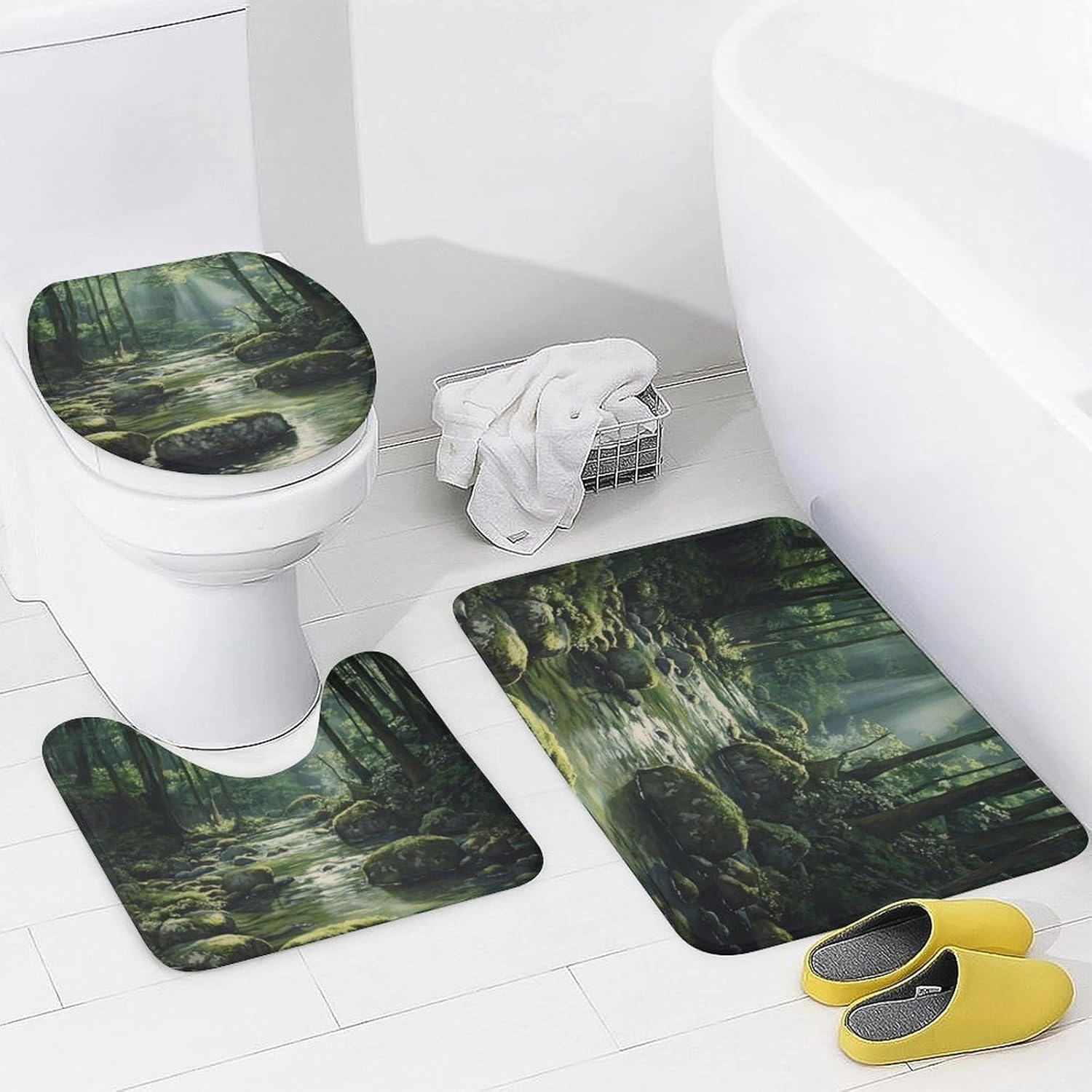 4Pcs Natural Forest Shower Curtain Sets, Rug Toilet Lid Cover Bath Mat, Tropical Jungle Stream Rocky Tree Bathroom Shower Curtain with 12 Hooks, 72 x 72 Inch