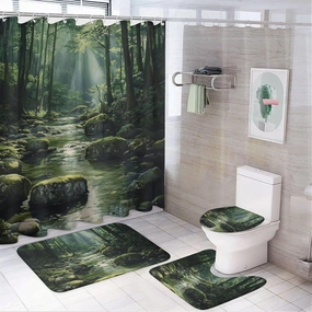 4Pcs Natural Forest Shower Curtain Sets, Rug Toilet Lid Cover Bath Mat, Tropical Jungle Stream Rocky Tree Bathroom Shower Curtain with 12 Hooks, 72 x 72 Inch