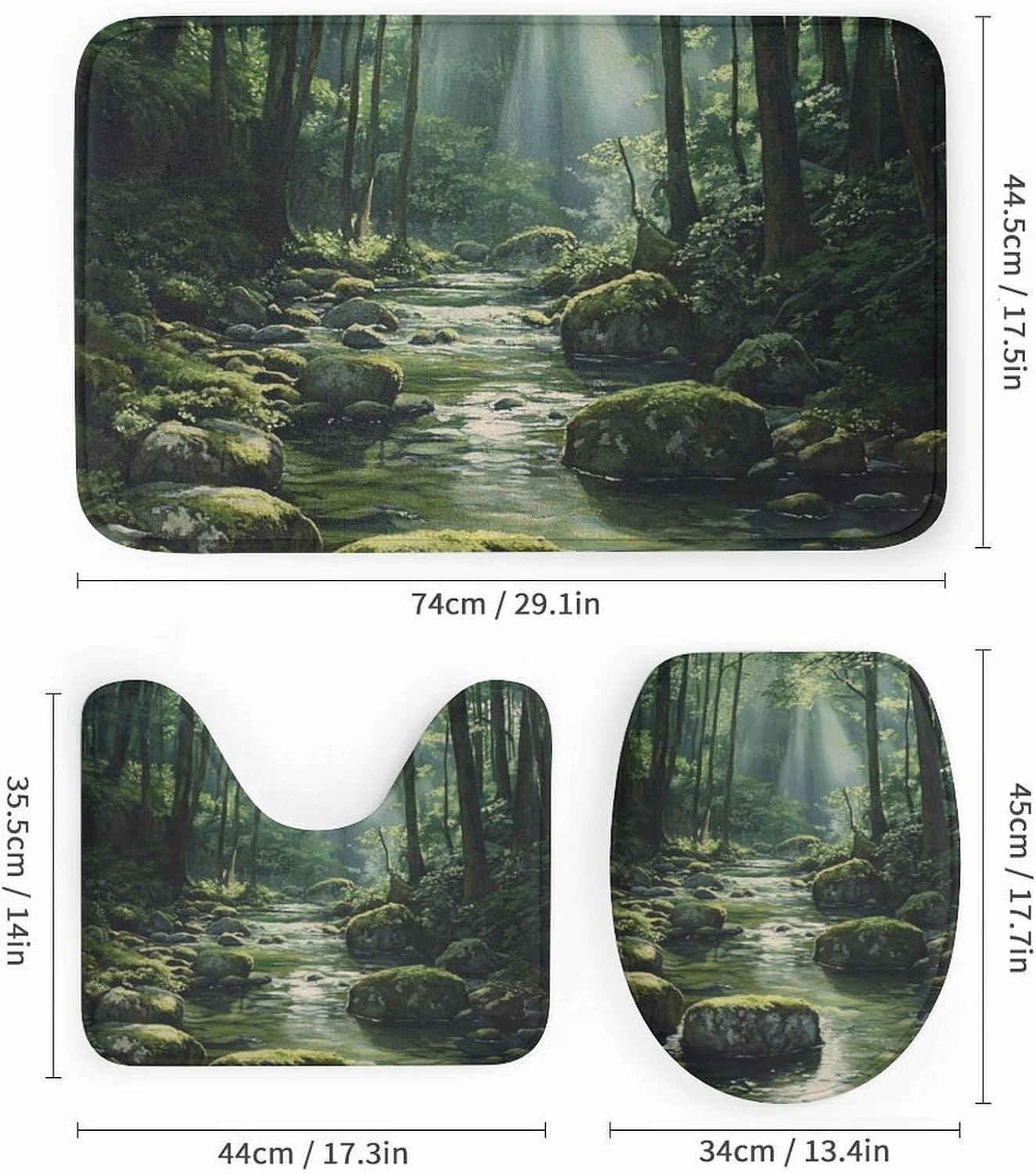 4Pcs Natural Forest Shower Curtain Sets, Rug Toilet Lid Cover Bath Mat, Tropical Jungle Stream Rocky Tree Bathroom Shower Curtain with 12 Hooks, 72 x 72 Inch