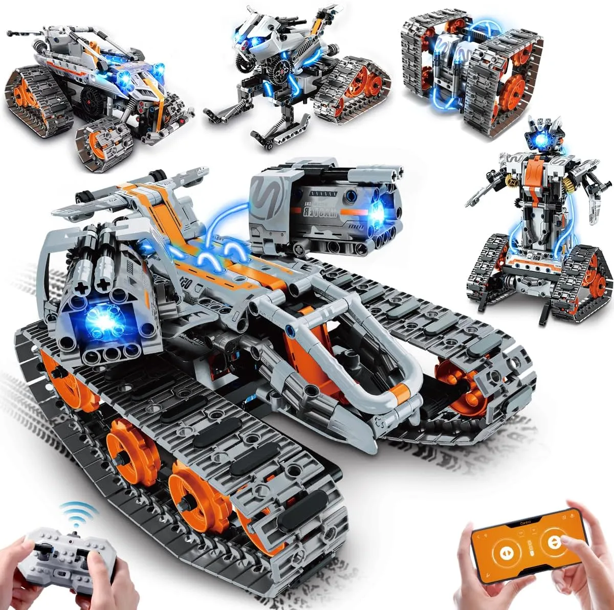 5-in-1 Building Toys with LED Light, APP & Remote Controll Building Block Set, 604 PCS RC Tech Rechargeable Tank Robot Sleigh Tracked Racer Toy, Gift for Kids Boys Girls Ages 6 7 8 9 10 11 12 