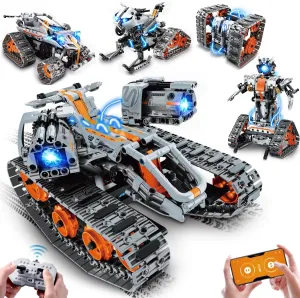 5-in-1 Building Toys with LED Light, APP & Remote Controll Building Block Set, 604 PCS RC Tech Rechargeable Tank Robot Sleigh Tracked Racer Toy, Gift for Kids Boys Girls Ages 6 7 8 9 10 11 12 