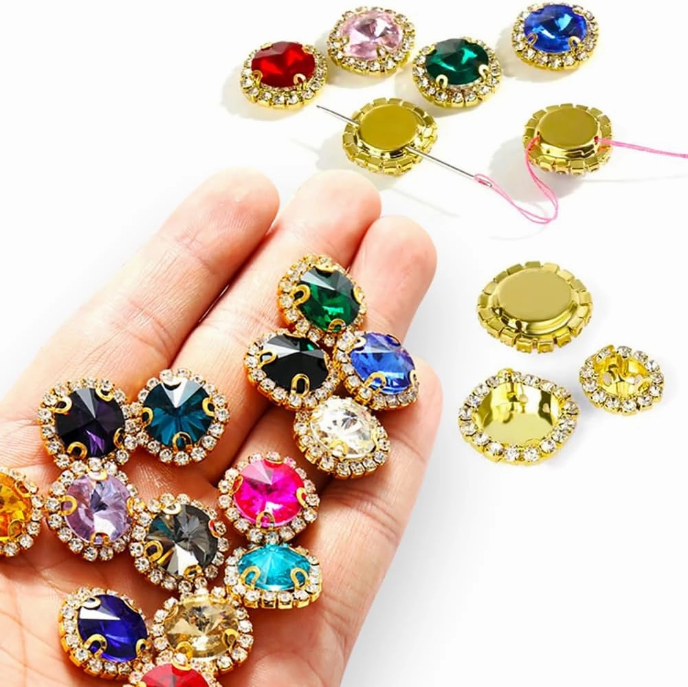 50 Pcs Crystal Glass Claw Rhinestones, 14 mm Sew on Rhinestones for Crafts,Sparkly Round Gems with Claw for Jewels Making Clothing Shoes Wedding DIY,Light Pink