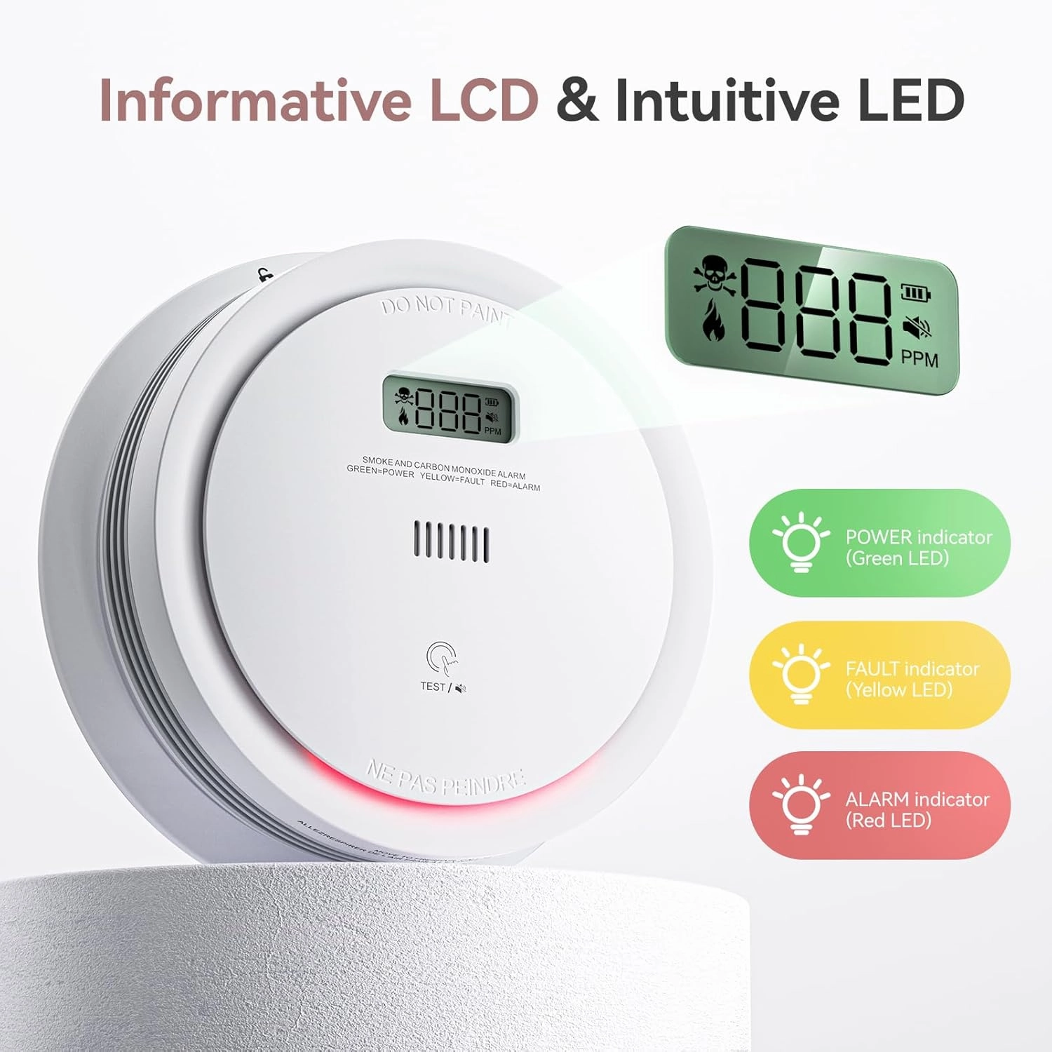 5 Packs Wi-Fi Smoke Detector Carbon Monoxide Detector Combo with App Notifications, Smart Smoke and Carbon Monoxide Detector with LCD Display & Replaceable Battery, Compatible with Tuya Smart