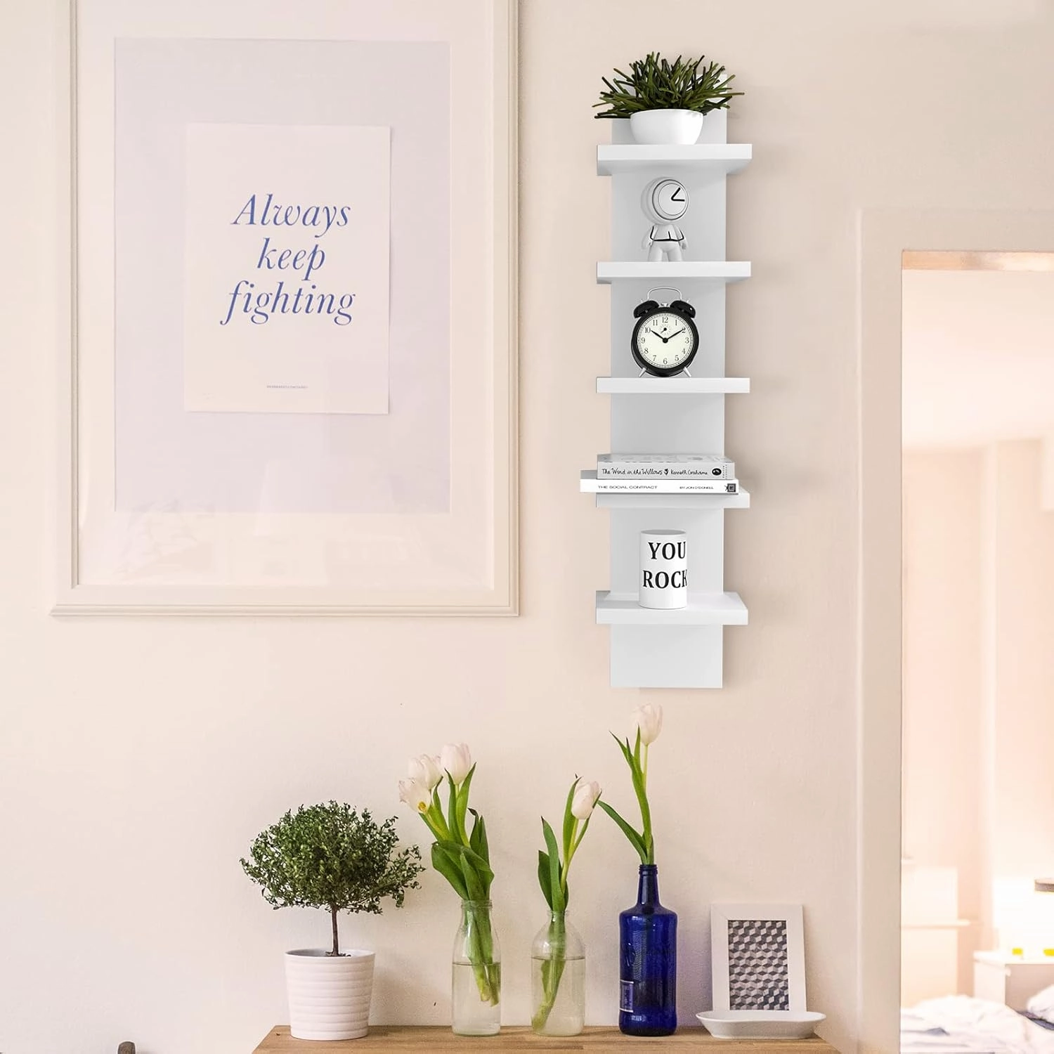 5 Tier Wall Shelves White, Vertical Column Shelf Floating Storage Home Decor Organizer Tall Tower Design Utility Shelving Bedroom Living Room, 30.7, 31