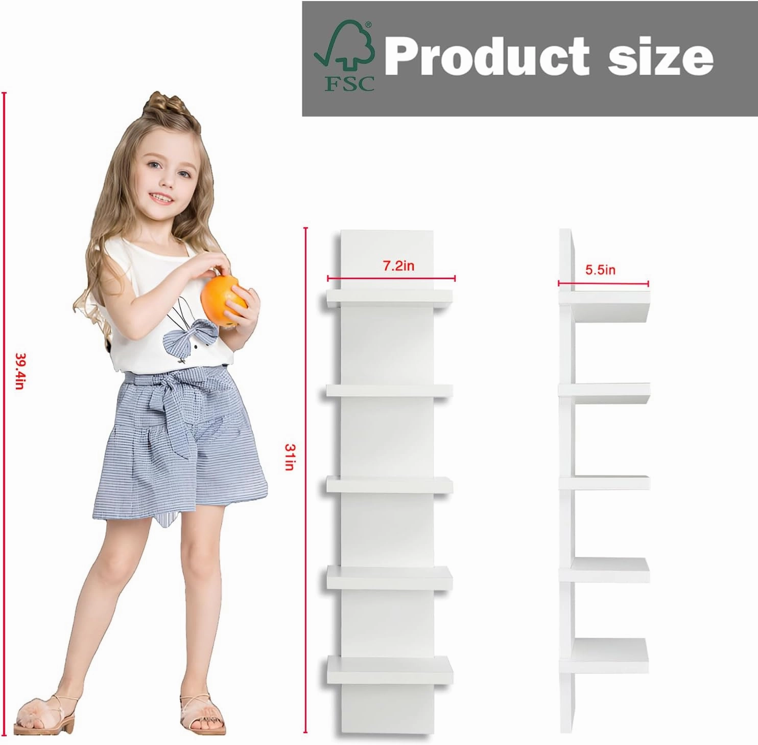 5 Tier Wall Shelves White, Vertical Column Shelf Floating Storage Home Decor Organizer Tall Tower Design Utility Shelving Bedroom Living Room, 30.7, 31