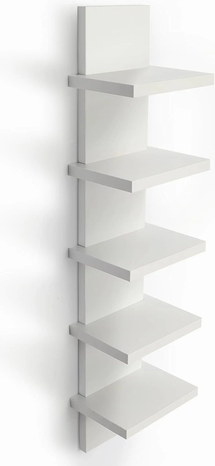5 Tier Wall Shelves White, Vertical Column Shelf Floating Storage Home Decor Organizer Tall Tower Design Utility Shelving Bedroom Living Room, 30.7, 31