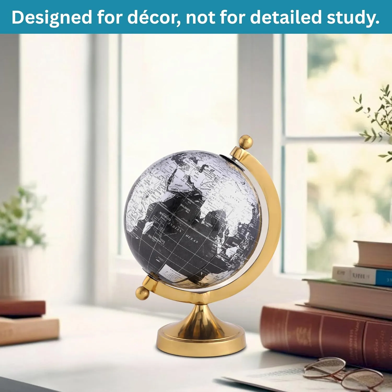 5" Black Globe of The World with Gold Stand (NOT PLASTIC!) For Bookcase Decorative Home Desk Table Office Decor Bookcase Shelf Decor Globe 5 Inch