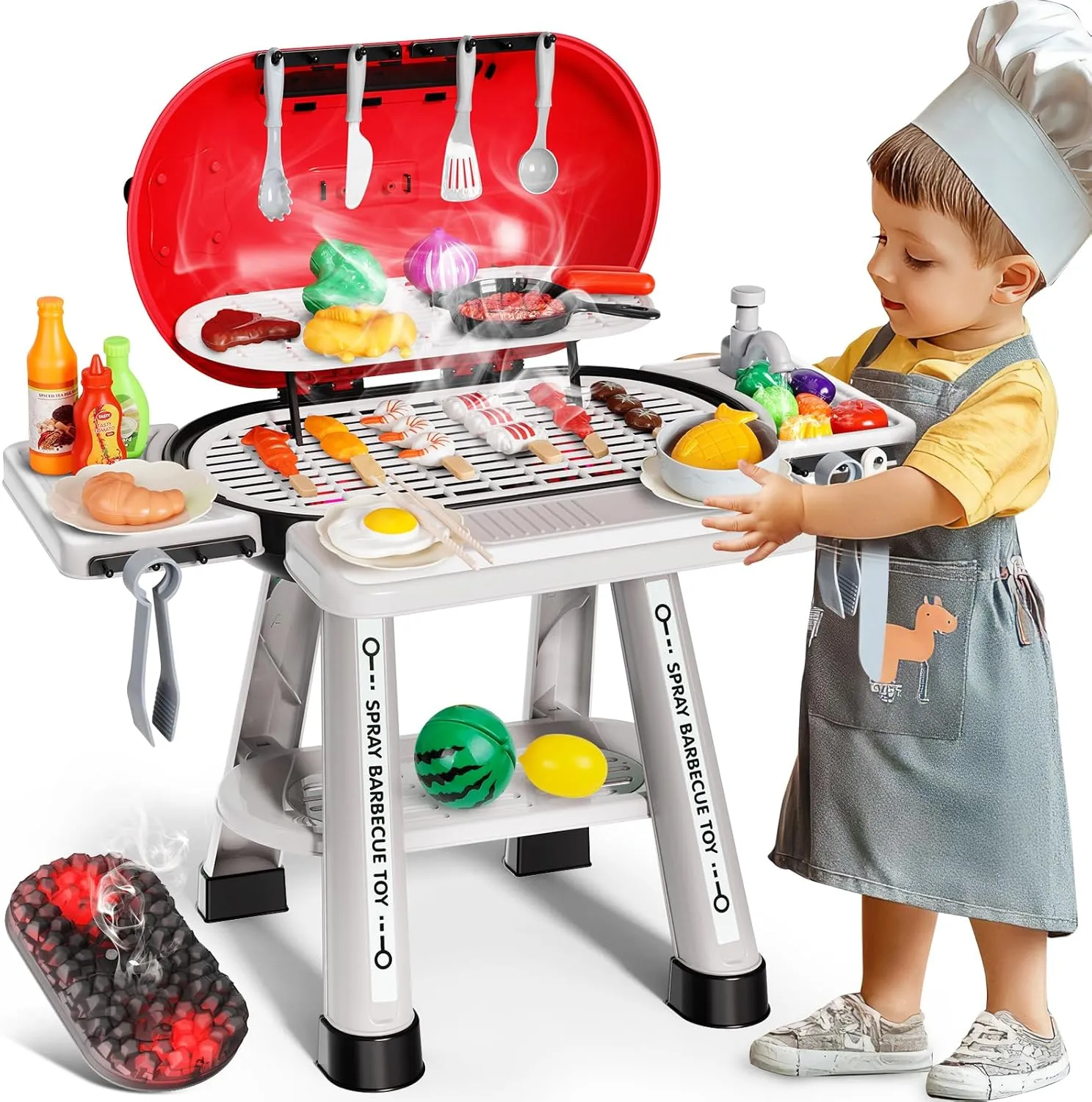 68 Pcs Toy BBQ Grill Set for Kids, with Light, Sound & Play Food, Kids Grill Playset Kitchen Toys Set, Birthday Gifts for 2-6 Years Old Boy Girls, Outdoor Toys for Toddlers 2 3 4 5 6, Toddler Grill