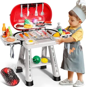 68 Pcs Toy BBQ Grill Set for Kids, with Light, Sound & Play Food, Kids Grill Playset Kitchen Toys Set, Birthday Gifts for 2-6 Years Old Boy Girls, Outdoor Toys for Toddlers 2 3 4 5 6, Toddler Grill