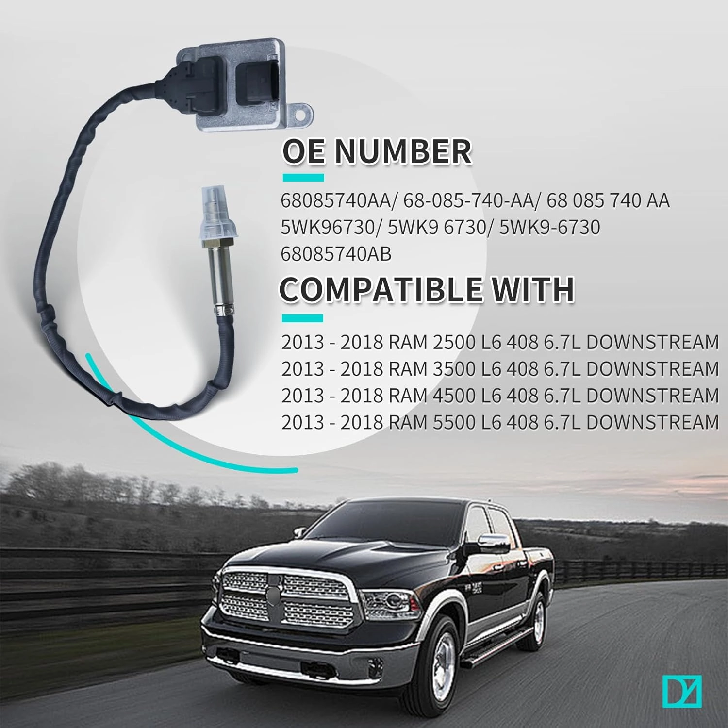 68085740AA Nox Sensor Nitrogen Oxide Sensor Downstream Outlet Compatible with Dodge Ram 2500 3500 4500 5500 2013-2018 6.7L Replace# 5WK96730 68085740AB